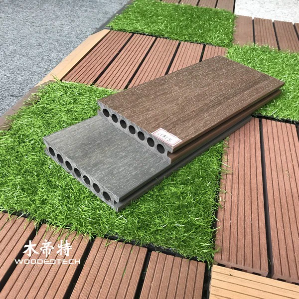 GD13823-2 Wood Versus Composite Decking Features Seven Round Holes with Wood Grain and Brushed Textures on Opposite Sides