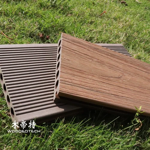 GD14023 capped wpc decking with semi wrapped design round holes and excellent surface texture creates attractive lighting effects at night